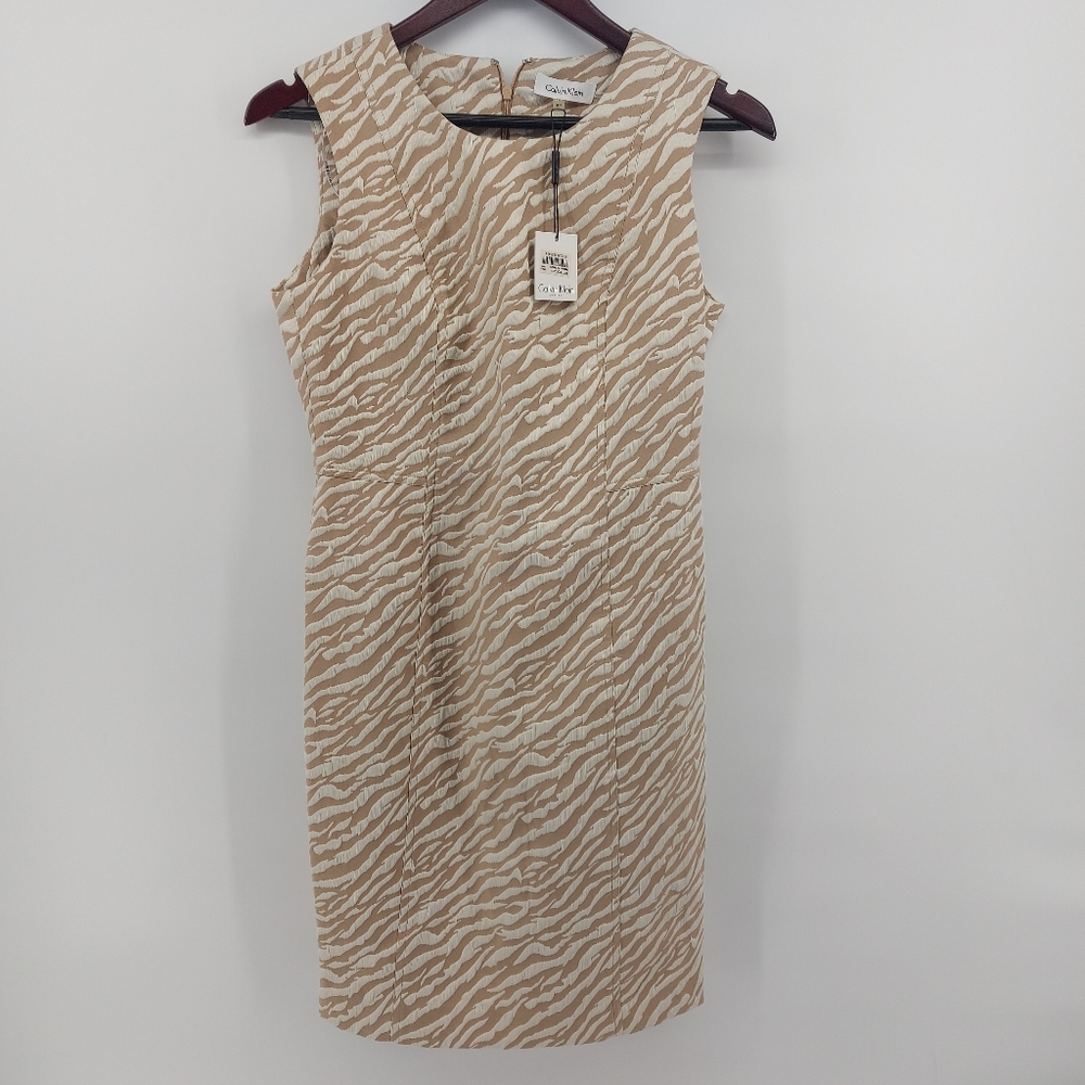 Calvin Klein Animal Print Career Dress Size 8 Petite Dark Khaki and Ivory